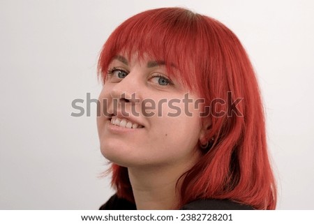 Image, Stock Photo Portrait of a laughing young woman with turquoise hair