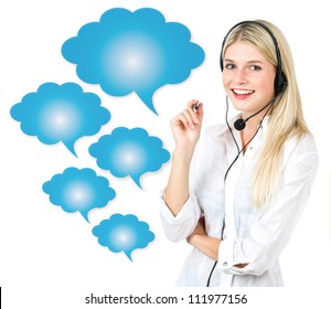 young attractive woman with speech cloud bubbles. communication concept