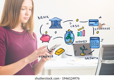 Young Attractive Woman Is Surfing The Internet In Order To Find New Ways And Methods Of Earning Money. Office In The Background. Concept Of Effective Financial Management