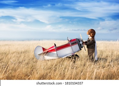Young aviator with model airplane in the field on a sunny day
