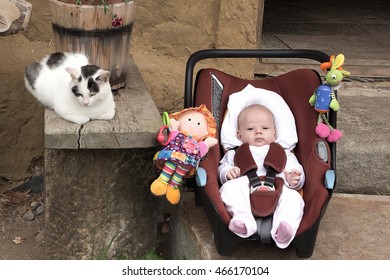 Young Baby, Infant In A Baby Car Seat On A Doorstep Of Old Country Vintage House With A Cat.