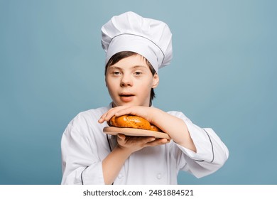 Young baker with down syndrome is proudly presenting a freshly baked loaf of bread on a wooden board, looking at camera standing isolated on blue background. Food concept, bakery - Powered by Shutterstock