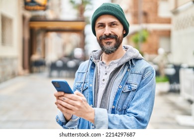 Young Bald Man Smiling Confident Using Smartphone At Street