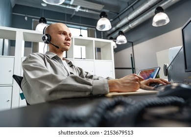 Young Bald Man Working In A Call Center Office