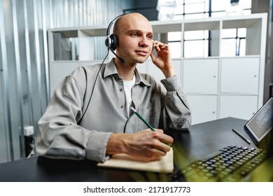 Young Bald Man Working In A Call Center Office