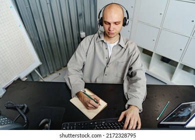 Young Bald Man Working In A Call Center Office