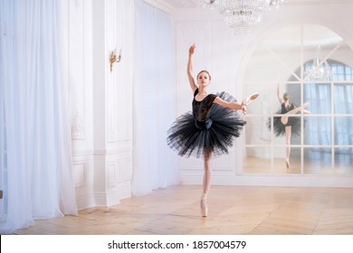 young ballerina in a black tutu is dancing on pointe in a large bright hall in front of a mirror.