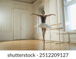 Young ballerina in tutu skirt dancing practicing ballet positions in dance class. Young classical dancer woman in dance studio. Ballet class training. Ballet school concept