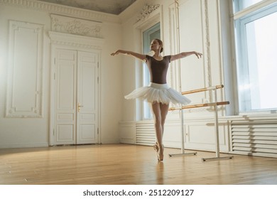 Young ballerina in tutu skirt dancing practicing ballet positions in dance class. Young classical dancer woman in dance studio. Ballet class training. Ballet school concept