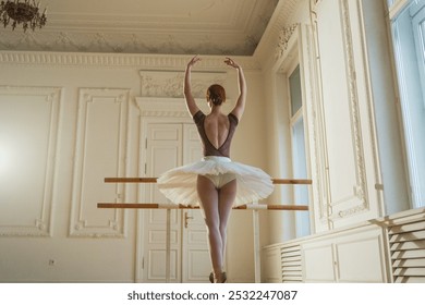 Young ballerina in tutu skirt stretching practicing ballet positions dancing near ballet barre in dance class. Young classical dancer woman in dance studio. Ballet class training Ballet school concept - Powered by Shutterstock