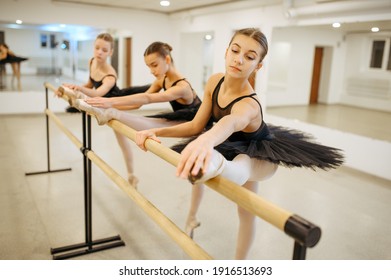 Young ballerinas, students rehearsal at the barre
