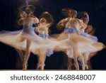 Young ballet ensemble in sheer dresses creating illusion of multiple movements against a dark background on stage. Concept of beauty, classic and modernity, contemporary art. Ad