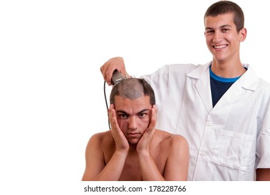 Young Barber Man Laugh That He By Mistake Wrong Cut Hair With Clipper To Customer, Funny Concept