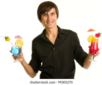 Young Bartender With Alcohol Cocktail Isolated On White Background