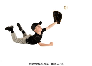 Young Baseball Player Sliding To Catch Ball