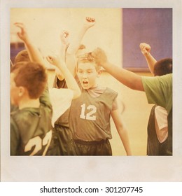 Young Basketball Player Cheering With His Team.  Vintage Grunge 