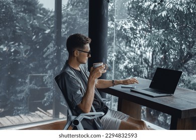 Young beard man using laptop in cafe,street, drinking coffee, freelance work, outdoor hipster portrait, sneakers, suit, Bali, Thailand, beard man, instagram, bitcoin, business man, glasses,