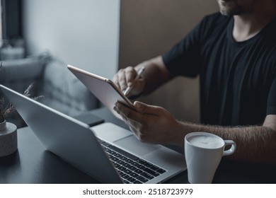 Young beard man using tablet in cafe,street, drinking coffee, freelance work, outdoor hipster portrait, sneakers, suit, Bali, Thailand, beard man, instagram, bitcoin, business man, glasses,ipad pro - Powered by Shutterstock