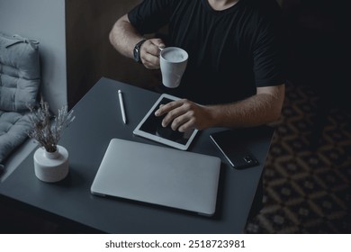 Young beard man using tablet in cafe,street, drinking coffee, freelance work, outdoor hipster portrait, sneakers, suit, Bali, Thailand, beard man, instagram, bitcoin, business man, glasses,ipad pro - Powered by Shutterstock