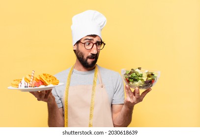 young bearded chef man doubting or uncertain expression
