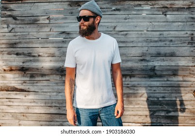 Young Bearded Hipster Guy Wearing White Blank T-shirt. Mock-up For Print. T-shirt Template.