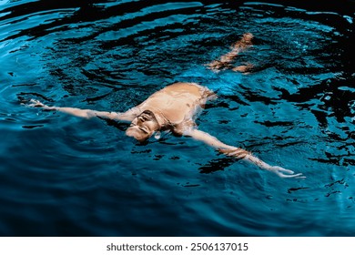 A young bearded man floats calmly on the surface of a dark blue body of water, with his arms outstretched and his eyes closed.  - Powered by Shutterstock