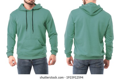 Young bearded man standing in colorful hoodie mock up. Sweatshirt on a man design template. Man with beard wears streetwear