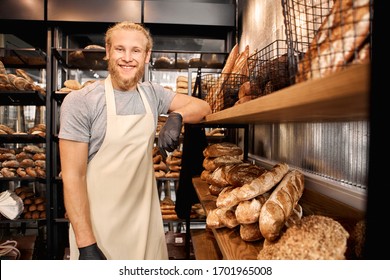 Young bearded man wearing eyeglasses and apron assistant standing at bakery shop small business leaning on shelf with fresh baked bread posing to camera smiling cheerful - Powered by Shutterstock