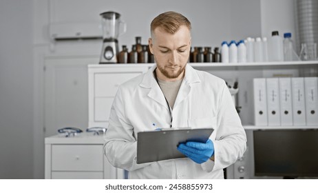 A young, bearded man wearing a lab coat reads a clipboard in a well-organized laboratory setting. - Powered by Shutterstock