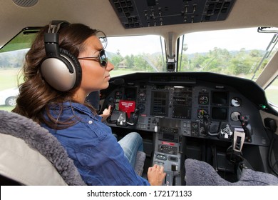 The Young Beautifu Women Is A Pilot The Small Plane