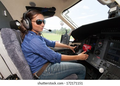 The Young Beautifu Women Is A Pilot The Small Plane