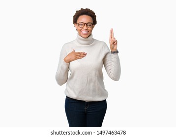 Young Beautiful African American Woman Wearing Glasses Over Isolated Background Swearing With Hand On Chest And Fingers, Making A Loyalty Promise Oath