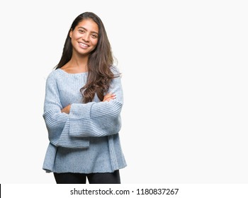 Young Beautiful Arab Woman Wearing Winter Sweater Over Isolated Background Happy Face Smiling With Crossed Arms Looking At The Camera. Positive Person.