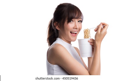 Young Beautiful Asian Girl Eating Instant Noodle Using Plastic Fork.