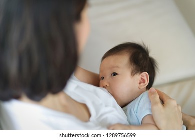 Young beautiful Asian mother sitting and holding her newborn child while breastfeeding her child on sofa. She is looking at her baby with eyes contact. Mother's breastfeeding concept.