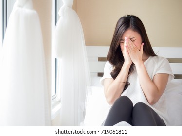 Young Beautiful Asian Woman Headache On White Bed, Sad, Stressed, Crying, Disappointed Feeling In The Morning