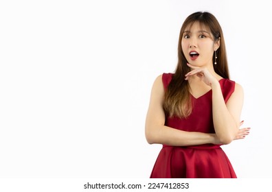 Young beautiful asian woman long hair wear red elegant dress posing on white background. Valentines Concept.