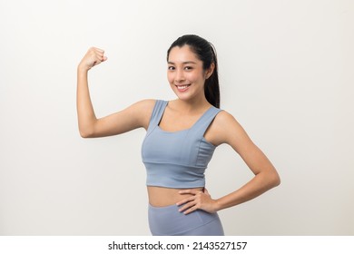 Young beautiful asian woman with sportswear on isolated white background. Portrait sporty woman standing pose exercise workout in studio.