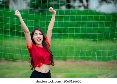 Young Beautiful Asian Woman Wear Soccer Player Cheer Sport,Female Fans Football Cheering Game