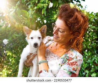 Young Beautiful Attractive Woman With Her Cute Dog In Your Arms Outdoors Under The Summer Sun