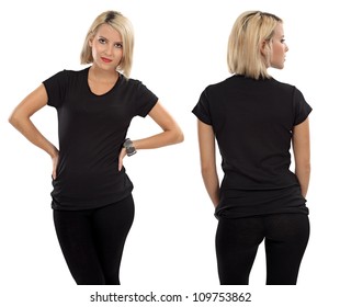 Young Beautiful Blond Female With Blank Black Shirt, Front And Back. Ready For Your Design Or Artwork.
