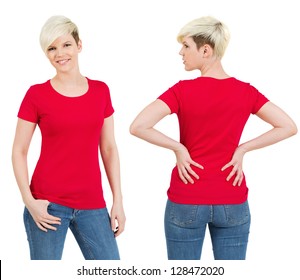 Young Beautiful Blond Female With Blank Red Shirt, Front And Back. Ready For Your Design Or Artwork.