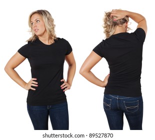 Young Beautiful Blond Female With Blank Black Shirt, Front And Back. Ready For Your Design Or Artwork.