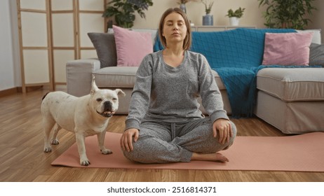 A young beautiful blonde caucasian woman meditates in a living room with her canine pet indoors on a yoga mat. - Powered by Shutterstock