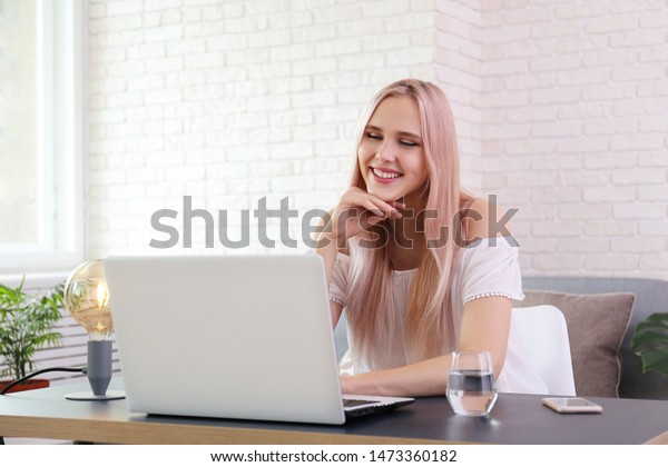 Young Beautiful Blonde Woman Pink Hair Stock Photo Edit Now