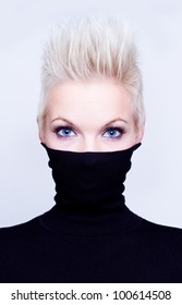 Young Beautiful Blonde Woman With Short Hair Wearing Black Turtleneck