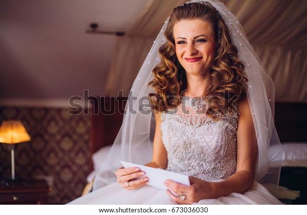 Young Beautiful Bride Reading Letter Groom Stock Photo Edit Now