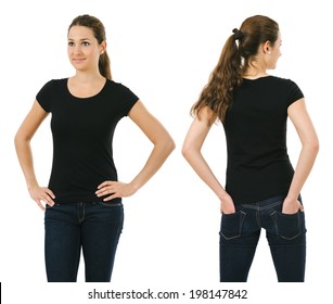 Young Beautiful Brunette Female With Blank Black Shirt, Front And Back. Ready For Your Design Or Artwork.