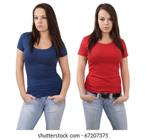 Young Beautiful Brunette Female With Blank Red Shirt And Blue Shirt. Ready For Your Design Or Logo.