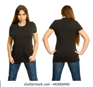 Young Beautiful Brunette Woman With Blank Black Shirt, Front And Back. Ready For Your Design Or Artwork.
